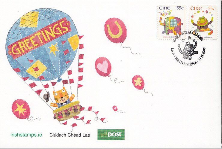 Ireland 2008 FDC Sc 1765-1766 Greetings Stamps 55c Elephant, frog - dated Feb...