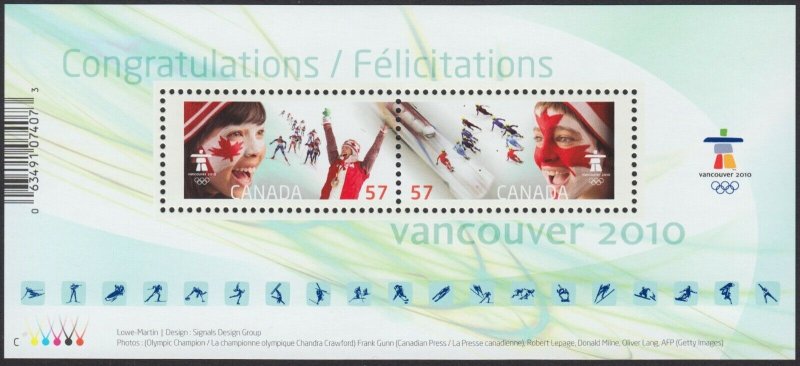 VANCOUVER OLYMPICS = SKIING, BOBSLEIGH Souvenir Sheet = MNH Canada 2010 #2373