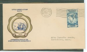 US 733 1933 3ct Byrd antartic polar expeditio (perf single) on an addressed (typed) first day cover with a rice cachet.