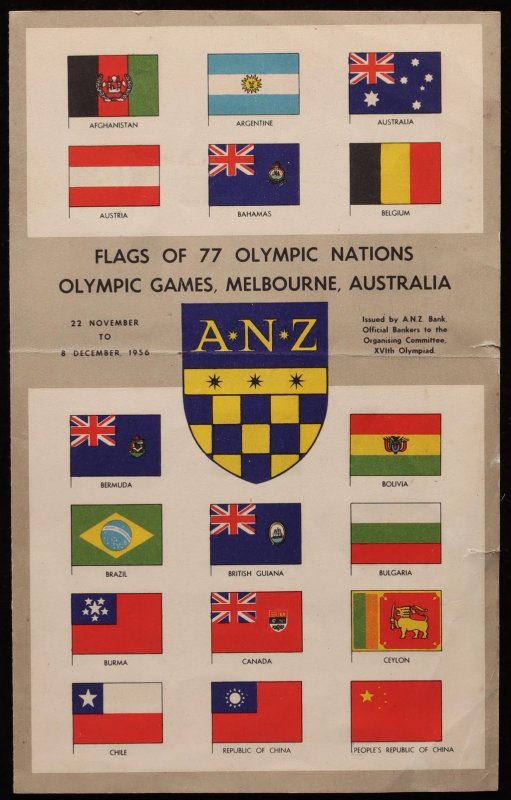 AUSTRALIA 1956 Melbourne Olympics 'Flags of all Olympic Nations by ANZ Bank.  