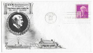 1947 FDC, #945, 3c Thomas A. Edison, Aristocrats-Lowry & Artmaster