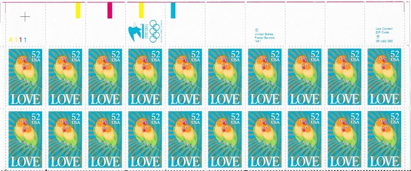 2537 MNH 52c. Love Birds,  Partial Sheet of 20,  Free Insured Shipping,