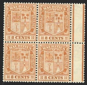 Mauritius 1921-26 Arms 8c Orange WMK MultScriptCA #170 VF-NH BLOCK CV $11.00++-