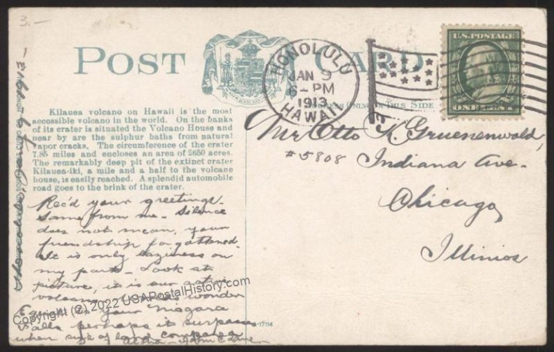 Hawaii USA 1913 Used Postcard Territory Territorial Cover 109038