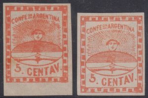 ARGENTINA 1858 CONFEDERATION Sc 1 (2x) REGULAR & HEAVY PRINTING + SMUDGY RAYS 