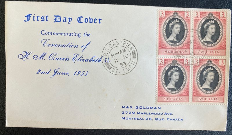 1953 St Lucia First Day Cover Queen Elizabeth 2 coronation Stamp Block