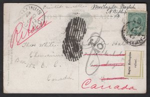 1910 1c printed matter to Denmark, rated as 2c postcard, refused, return $75