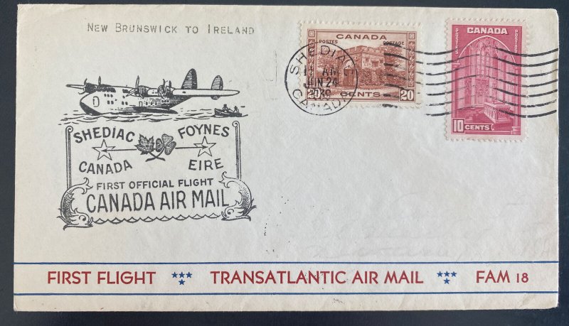 1939 Shediac Canada First Official Flight Airmail Cover FFC To Ireland 