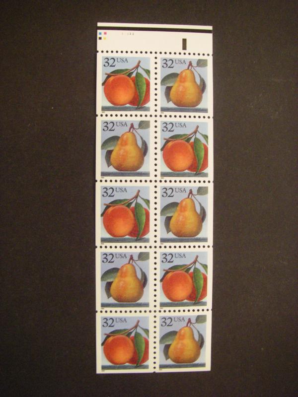 Scott 2488a, 32c Peach & Pear, UNFOLDED Pane of 10, #11111 Pos 40, MNH booklet