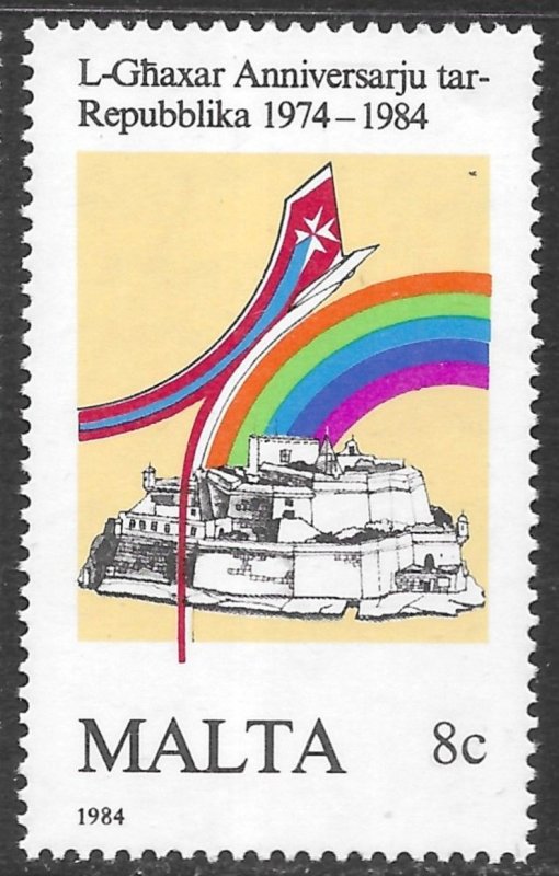 Malta Scott 651 MNH 8c Anniversary of Republic Issue of 1984, Fortress, Rainbow
