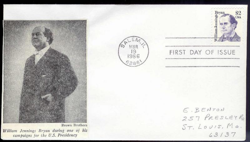 UNITED STATES FDC $2.00 W J Bryan 'Campaign' 1986 cacheted