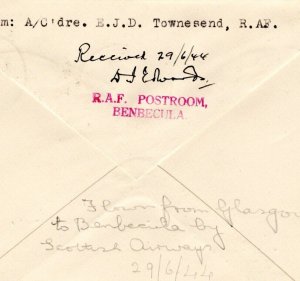 GB SCOTS ISLANDS WW2 Cover Rare *RAF POSTROOM BENBECULA* Air Mail Glasgow DL399