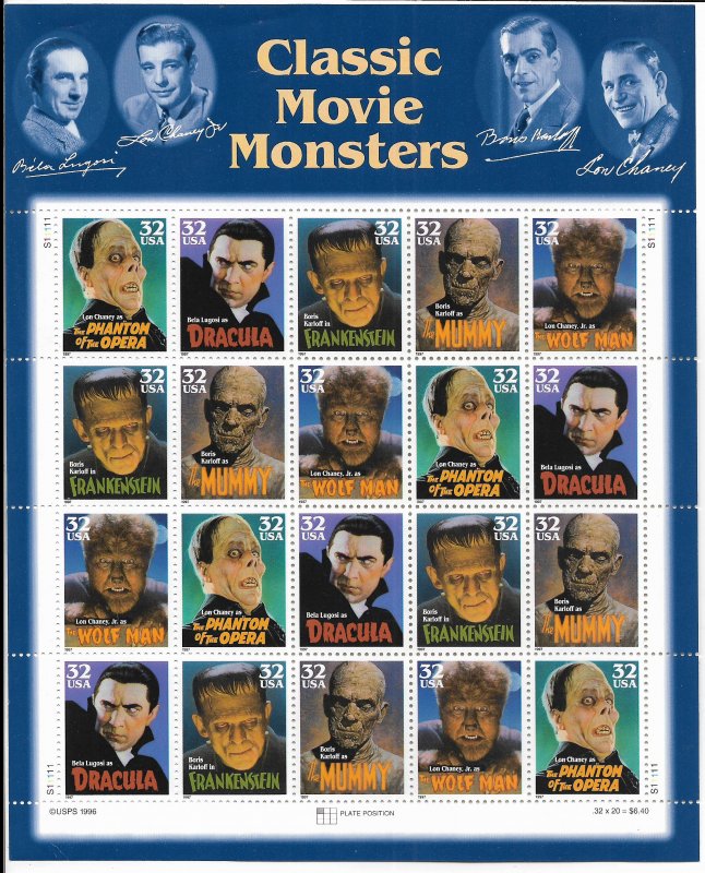 USA  3168-3172 MNH SHEETS MONSTER MOVIES