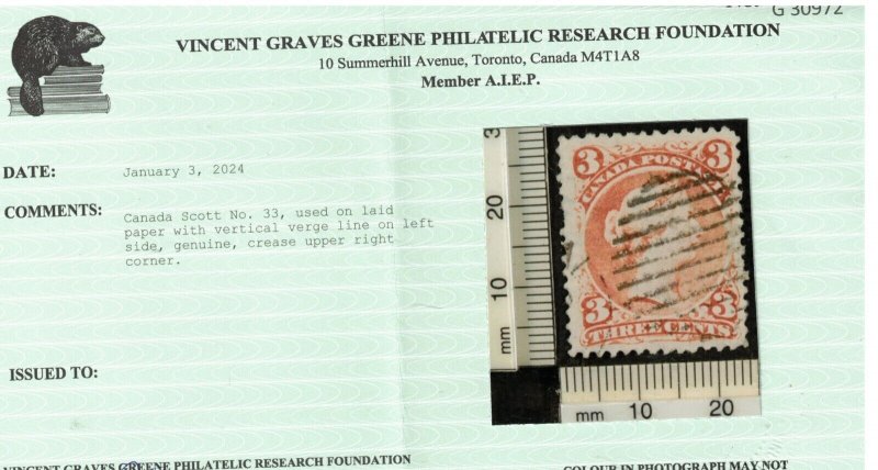 Canada #33 Used fine - Very Fine On Laid Paper With Verge Line *W\ Certificate*