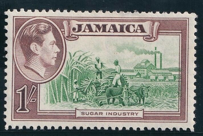 1938 JAMAICA - SG:130 - KGVI - 1/- GREEN & PURPLE/BROWN - MOUNTED MINT