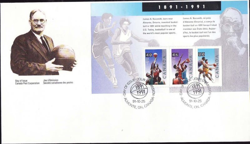 Canada-Sc#1344-stamps on FDC-Sports-Basketball-James A Naismith-1991-