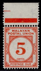 MALAYSIA - Malayan Postal Union GVI SG D18, 5c vermilion, NH MINT. Cat £48.