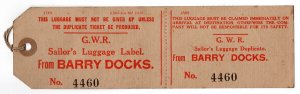 (I.B) Great Western Railway : Sailor's Luggage Label (Barry Docks) 