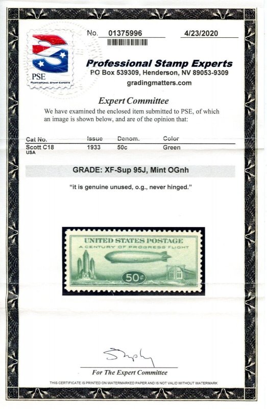 US SCOTT #C18 MINT-XF-SUPERB-JUMBO-OG-NH GRADED 95J W/ PSE SMQ $325 (3/22/24 GP)