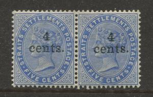 Straits Settlements -Scott 89- QV 0verpint Definitive -1899 - MNH - Pair of 4c