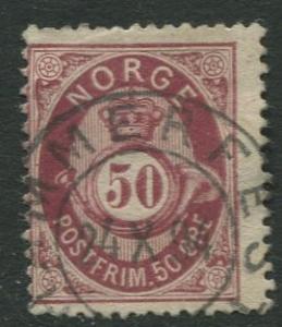 Norway - Scott 30 - Post Horn & Crown - 1877 - Used- Single 50s Stamp