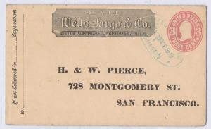 SCOTT# U59 ON COVER BLUE WELLS FARGO & CO EXPRESS SUISUN CA HANDSTAMP, 1860s.  