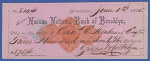 US 1875 2c Used Bank Check, Sc RN-D1, Nassau National Bank of Brooklyn NY