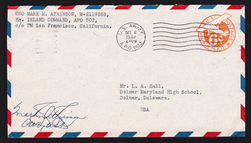 SCOTT #UC3 BORDER SAN FRANCISCO CA APO 502 (NEW CALEDONIA) AIR MAIL 1944