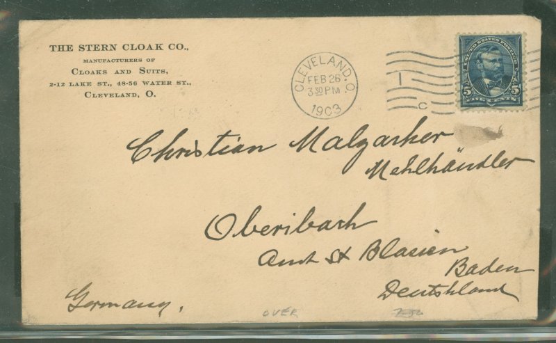 US  5cent stamp posted Cleveland, OH, Feb 26, 1903 to Oberibach, Baden-Receiver on back