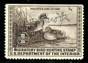 U.S. Scott RW6 Used 1939 Federal Hunting Permit Stamp w/Straight Edge