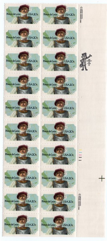 Scott #2024 Ponce de Leon (Florida) Plate Block of 20 Stamps - MNH Right (2copy)