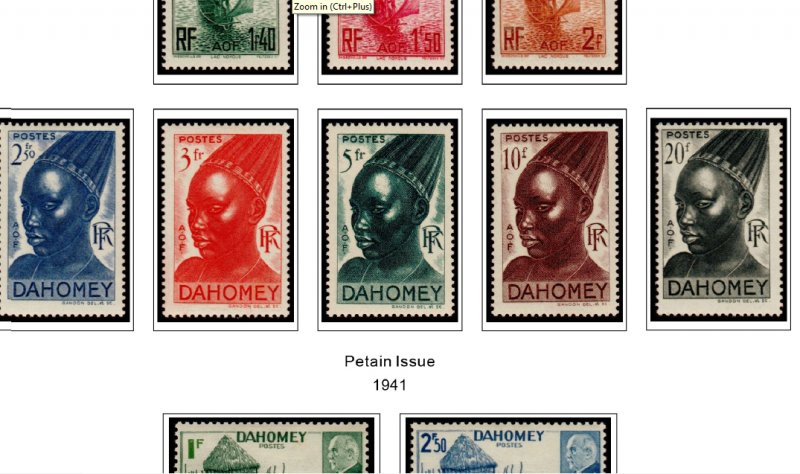 COLOR PRINTED DAHOMEY 1899-1944 STAMP ALBUM PAGES (16 illustrated pages)