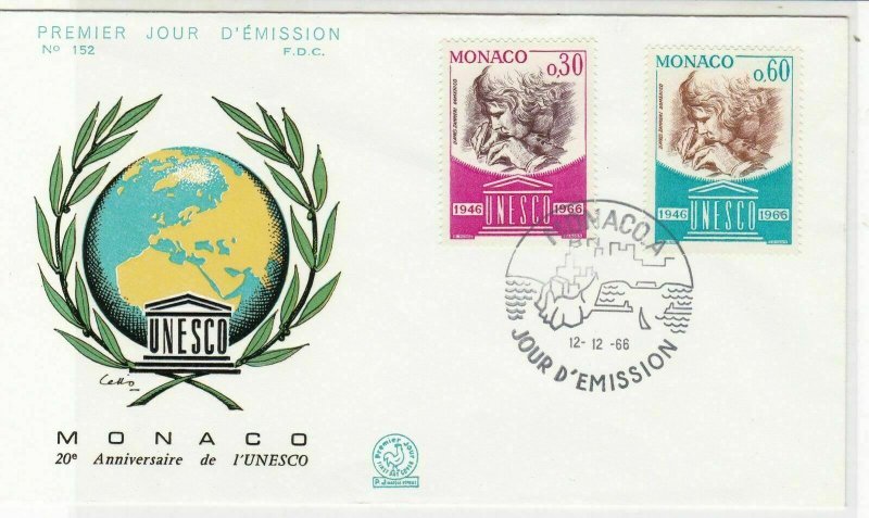 Monaco 1966 20th Anniversary of UNESCO World+Wreath Pic FDC Stamp Cover Ref26411