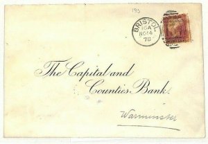 GB 1d RED Plate 195 Cover 1878 Bristol *Capital & Counties Bank* {samwells}AD62