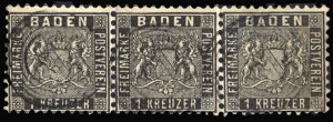 German States, Baden #15 (Mi. 13) Cat€500, 1862 1kr black, horizontal strip...