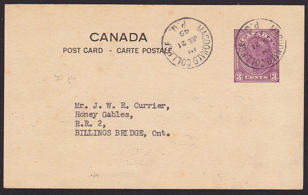 CANADA 1949 GVI 3c postcard MACDONALD COLLEGE P.Q. cds......................2875