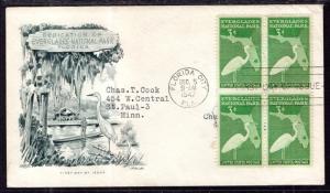 US 952 Everglades Block of Four Artmaster Typed FDC