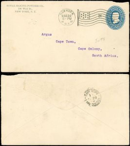 1897 FOREIGN USE COVER, NEW YORK - CAPE TOWN, SOUTH AFRICA, Flag Cancel, #U330!
