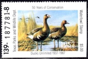 US Stamp 1987 MNH - Texas State White-Fronted Geese Stamp $5 Single.