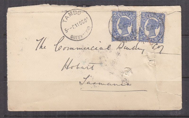 QUEENSLAND, 1904 Tatt's cover, TAMBO cds., 2d.(2), TPO on reverse,  damaged.