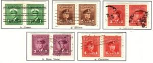 Canada Sc 263-7 1942 G VI  coil stamp pairs used