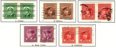 Canada Sc 263-7 1942 G VI  coil stamp pairs used