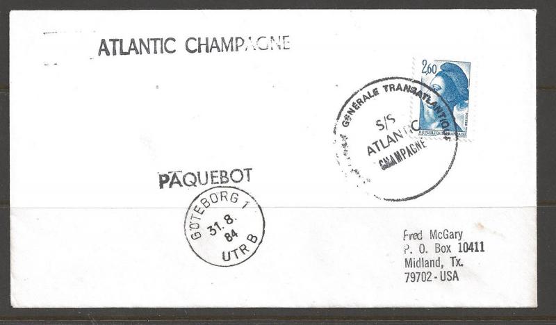 1984 Paquebot Cover, France stamp mailed in Goteborg, Sweden