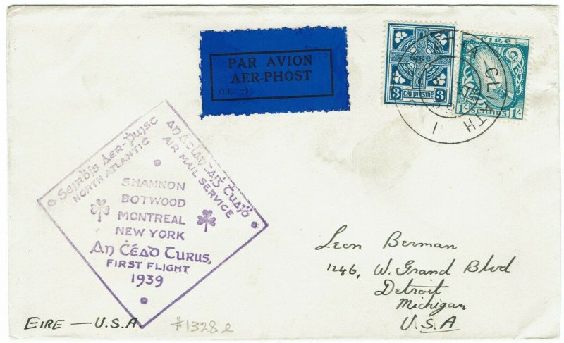 IRELAND 1939 FIRST FLIGHT COVER FOYNES-BOTWOOD-MONTREAL - NEW YORK USA