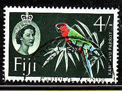 Fiji-SC#173-used-4sh dk green, red, bl & emer-Parrot-QEII-