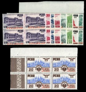 Peru #C94-102 Cat$78, 1951 UPU, complete set in sheet margin blocks of four, ...