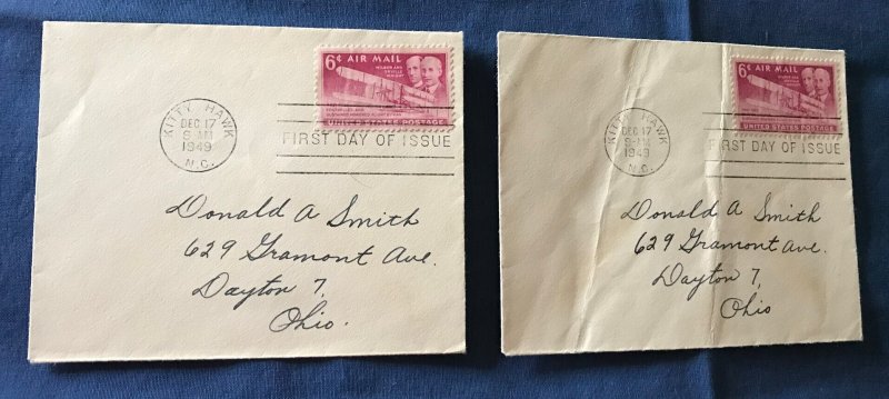Two First Day of Issue Covers Kitty Hawk, N.C. Dec 17, 1949 C#45 Wright Brothers