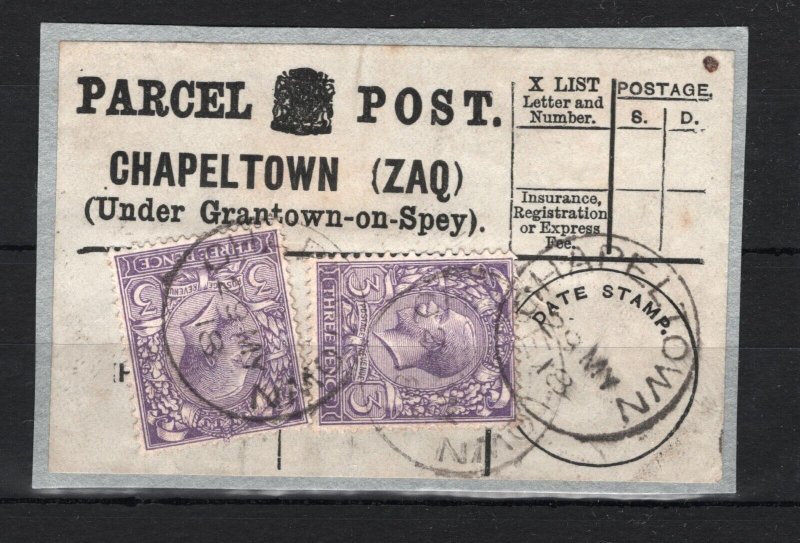 GB SCOTLAND Parcel Post Label *CHAPELTOWN* CDS Grantown-on-Spey 1918 SS3373 