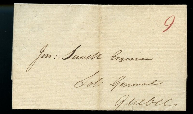 ?Montreal straightline 1794 Oct 13th to Quebec 9 rate stampless  cover Canada