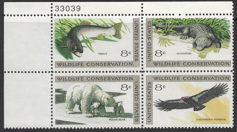 US #1427-1430 plate block. Wildlife Conservation. Trout, Alligator, Bear, Condor